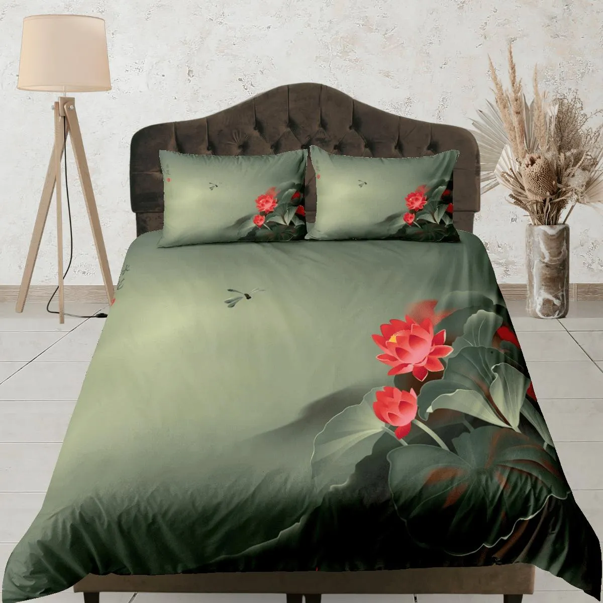 Lotus floral green duvet cover colorful bedding, teen girl bedroom, baby girl crib bedding boho maximalist bedspread aesthetic bedding