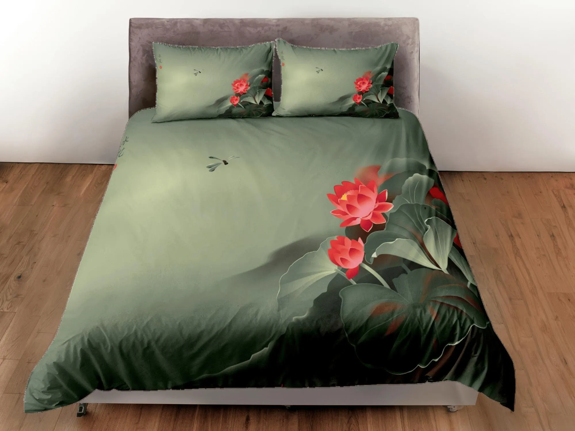 Lotus floral green duvet cover colorful bedding, teen girl bedroom, baby girl crib bedding boho maximalist bedspread aesthetic bedding