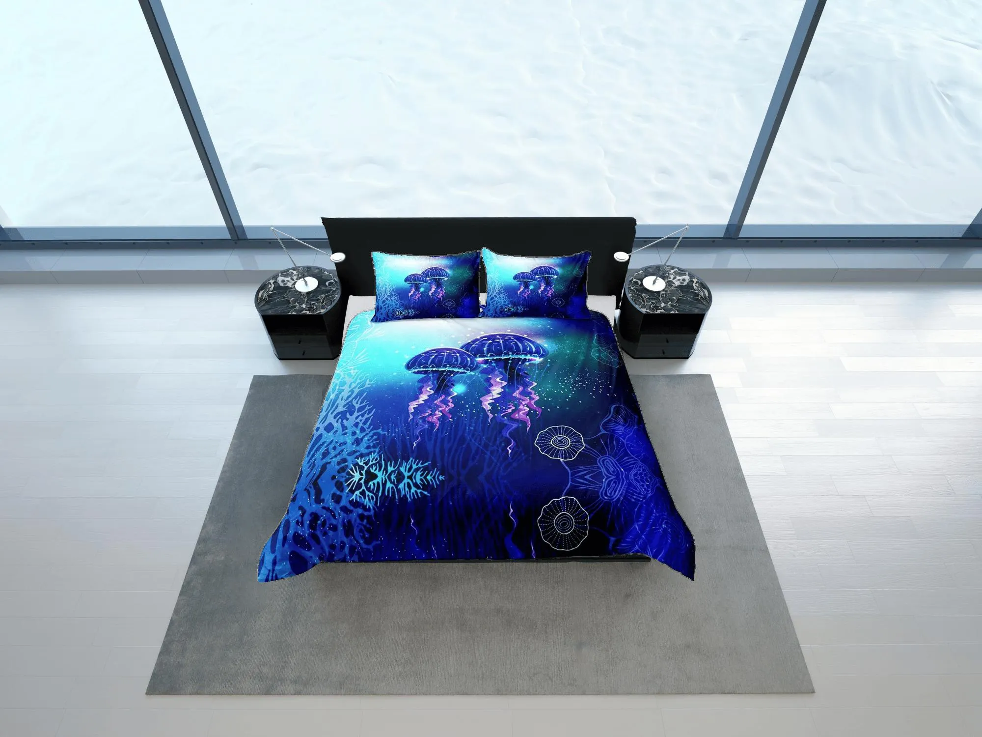 Lover jellyfish bedding blue duvet cover, ocean blush sea animal bedding set full king queen twin crib toddler, college dorm bedding gift