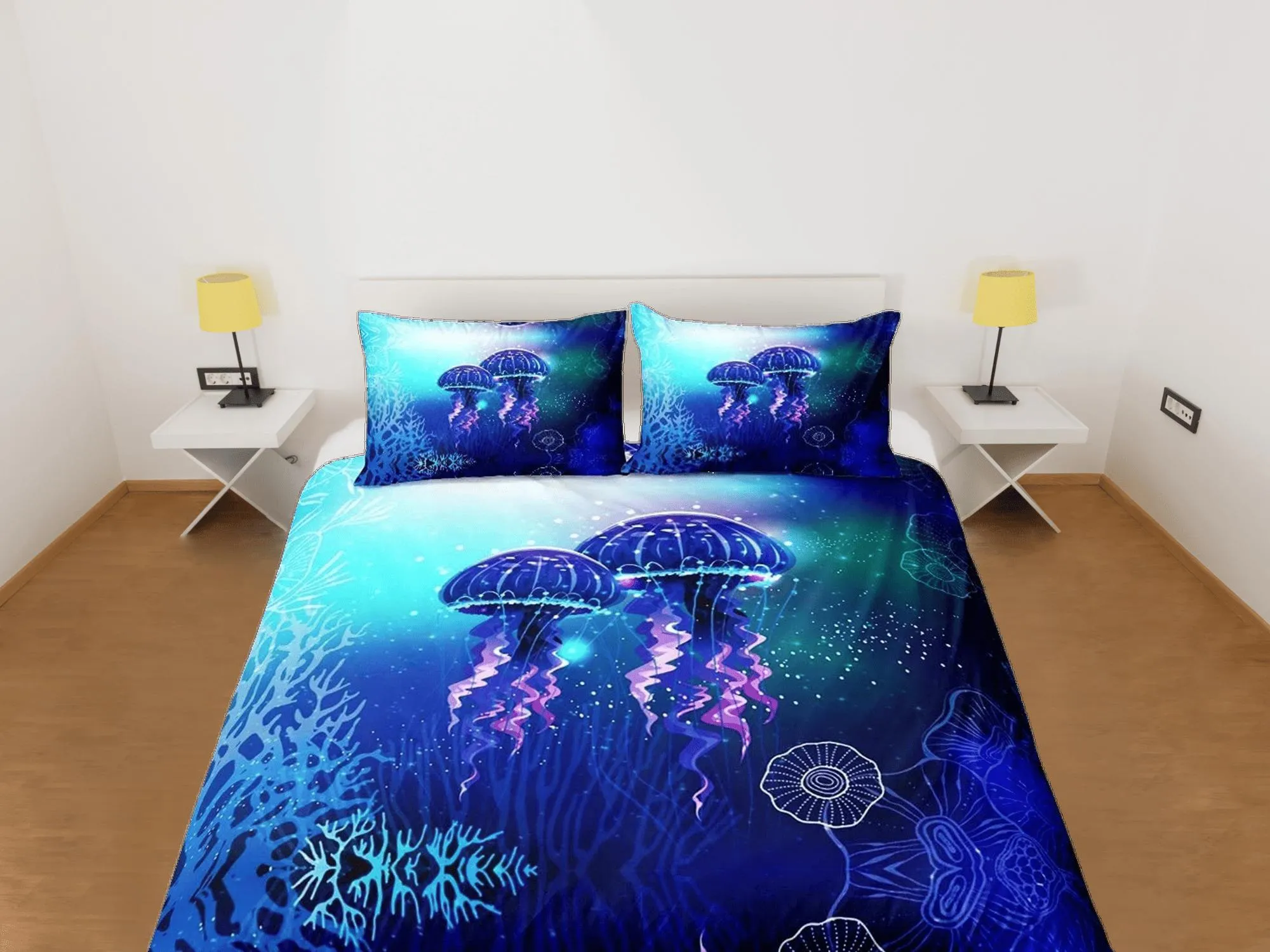 Lover jellyfish bedding blue duvet cover, ocean blush sea animal bedding set full king queen twin crib toddler, college dorm bedding gift