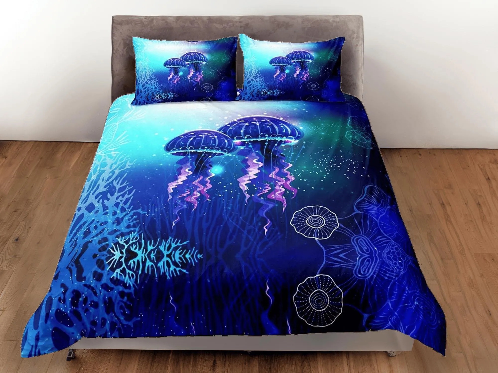 Lover jellyfish bedding blue duvet cover, ocean blush sea animal bedding set full king queen twin crib toddler, college dorm bedding gift