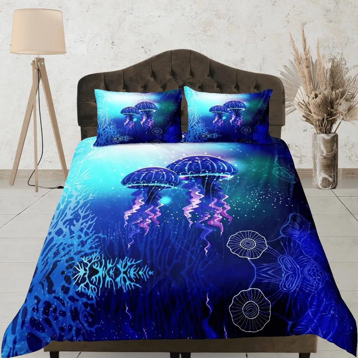 Lover jellyfish bedding blue duvet cover, ocean blush sea animal bedding set full king queen twin crib toddler, college dorm bedding gift