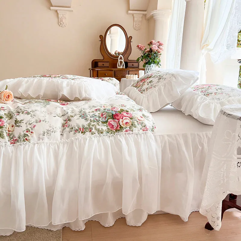 Luxury White Lace Princess Style  Cotton Duvet Cover Bedding Set With Pillow Covers