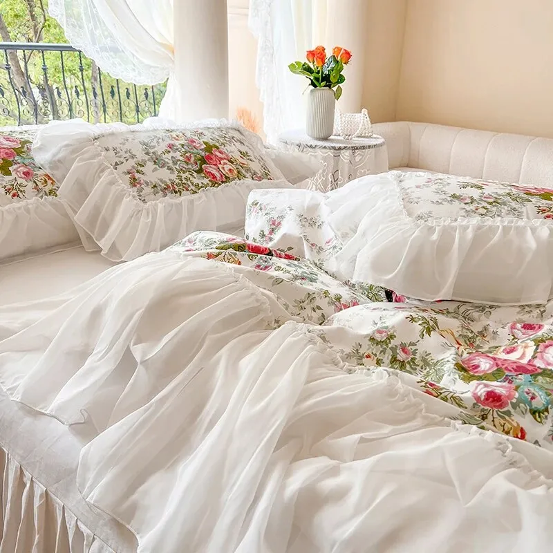 Luxury White Lace Princess Style  Cotton Duvet Cover Bedding Set With Pillow Covers