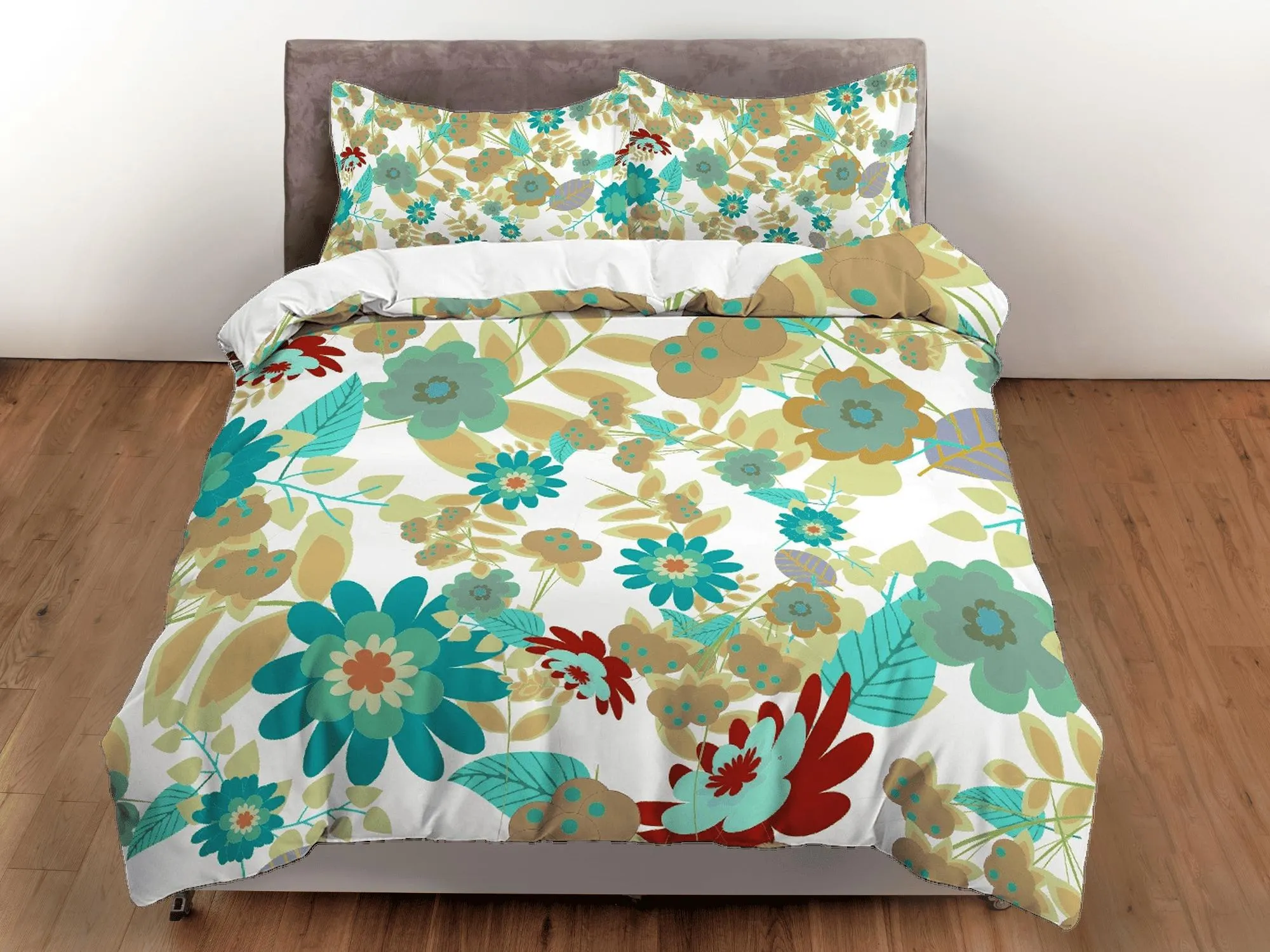 Mid century modern green floral bedding, aesthetic duvet cover queen, king, boho duvet, designer full size bedding maximalist 70s nostalgia