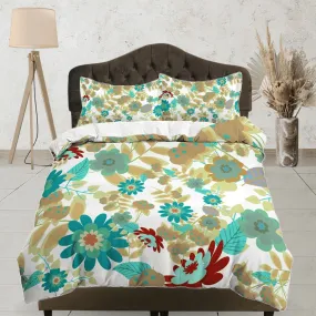 Mid century modern green floral bedding, aesthetic duvet cover queen, king, boho duvet, designer full size bedding maximalist 70s nostalgia