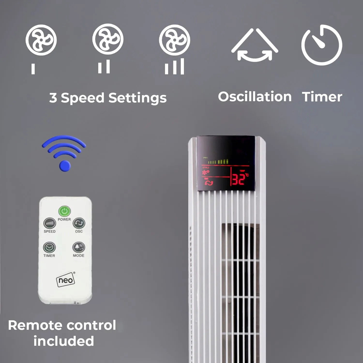 Neo 36” White Free Standing 3 Speed Tower Fan with Remote Control