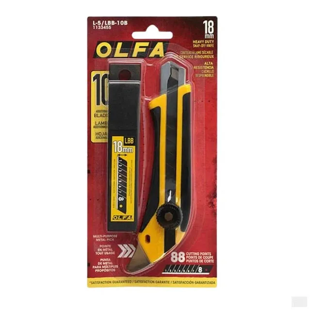 Olfa OLFA-L-5/LBB-10B 18mm Ratchet-Lock Fibreglass-Reinforced Utility Knife with Black Snap-Off Blades 10-Pack Combo