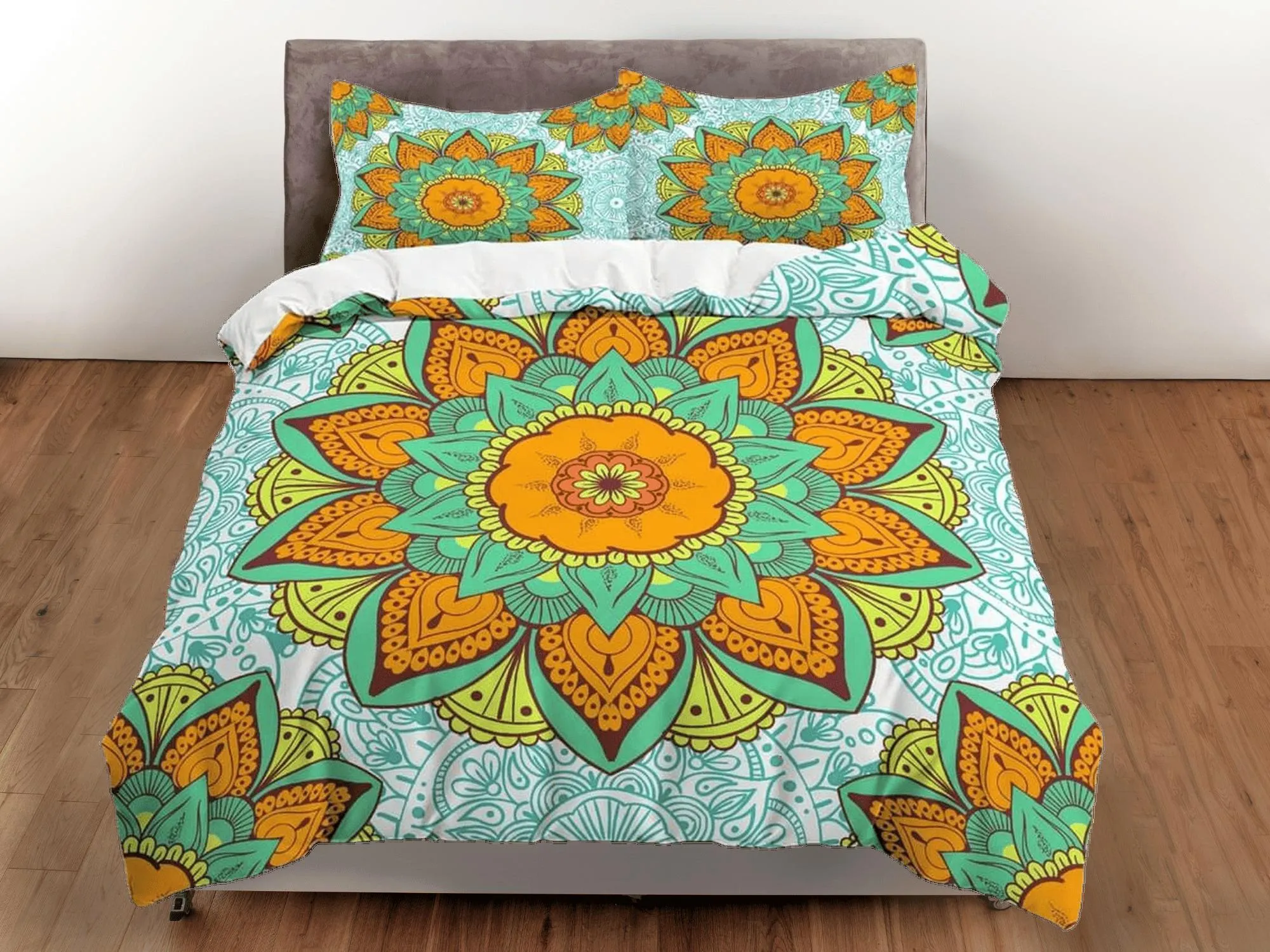 Orange mandala summer duvet cover boho bedding set full, queen, king, dorm bedding, aesthetic room decor indian bedspread maximalist decor