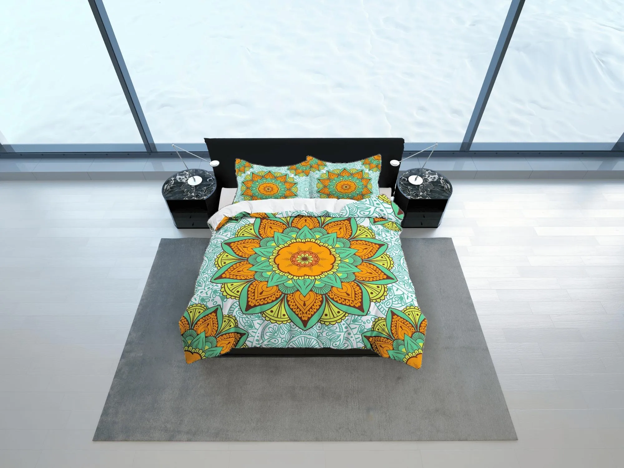 Orange mandala summer duvet cover boho bedding set full, queen, king, dorm bedding, aesthetic room decor indian bedspread maximalist decor