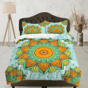 Orange mandala summer duvet cover boho bedding set full, queen, king, dorm bedding, aesthetic room decor indian bedspread maximalist decor