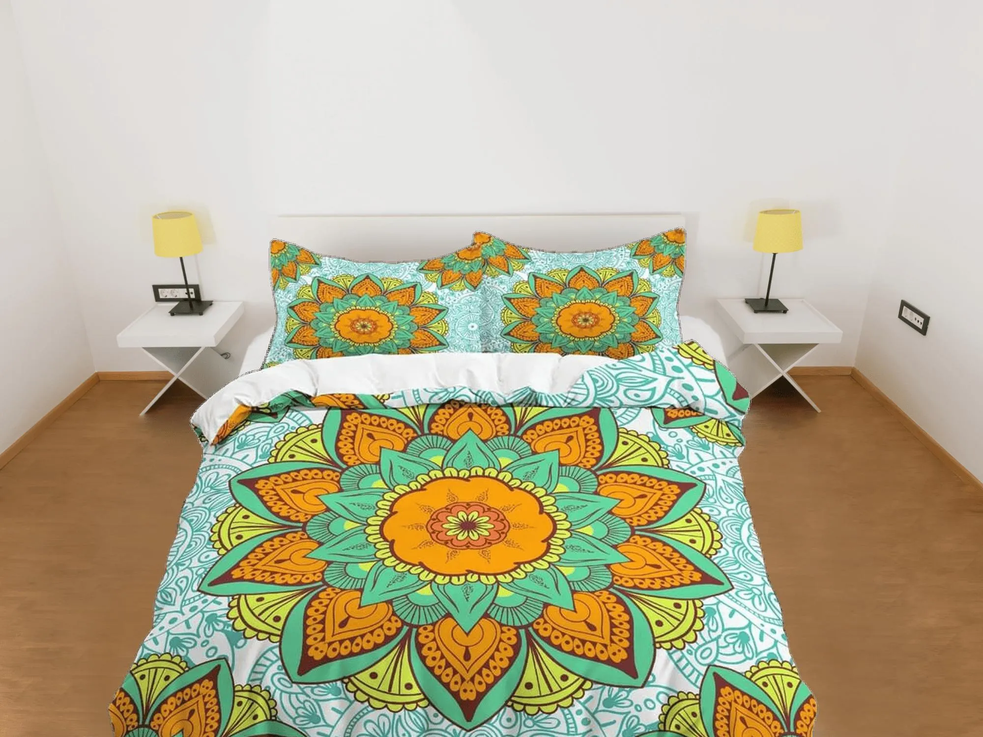 Orange mandala summer duvet cover boho bedding set full, queen, king, dorm bedding, aesthetic room decor indian bedspread maximalist decor