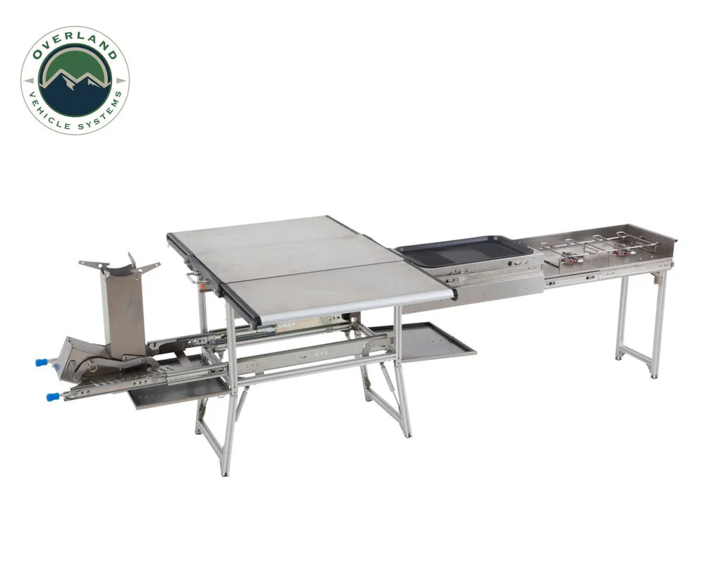 Overland Vehicle Systems Komodo Camp Kitchen - Dual Grill, Skillet, Folding Shelves, and Rocket Tower - Stainless Steel