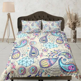 Paisley duvet cover set in pastel colors, aesthetic room decor bedding set full, king, queen size, abstract boho bedspread, luxury bed cover