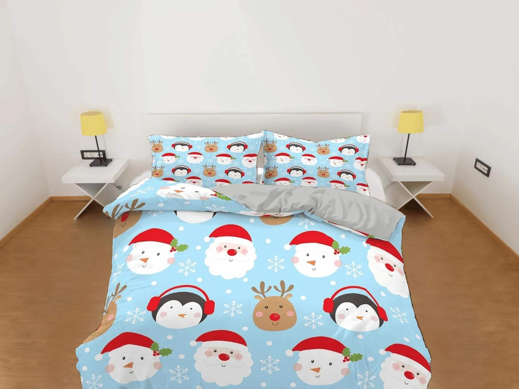 Penguin reindeer Santa Claus Christmas bedding, pillowcase holiday gift duvet cover king queen twin toddler bedding baby Christmas farmhouse