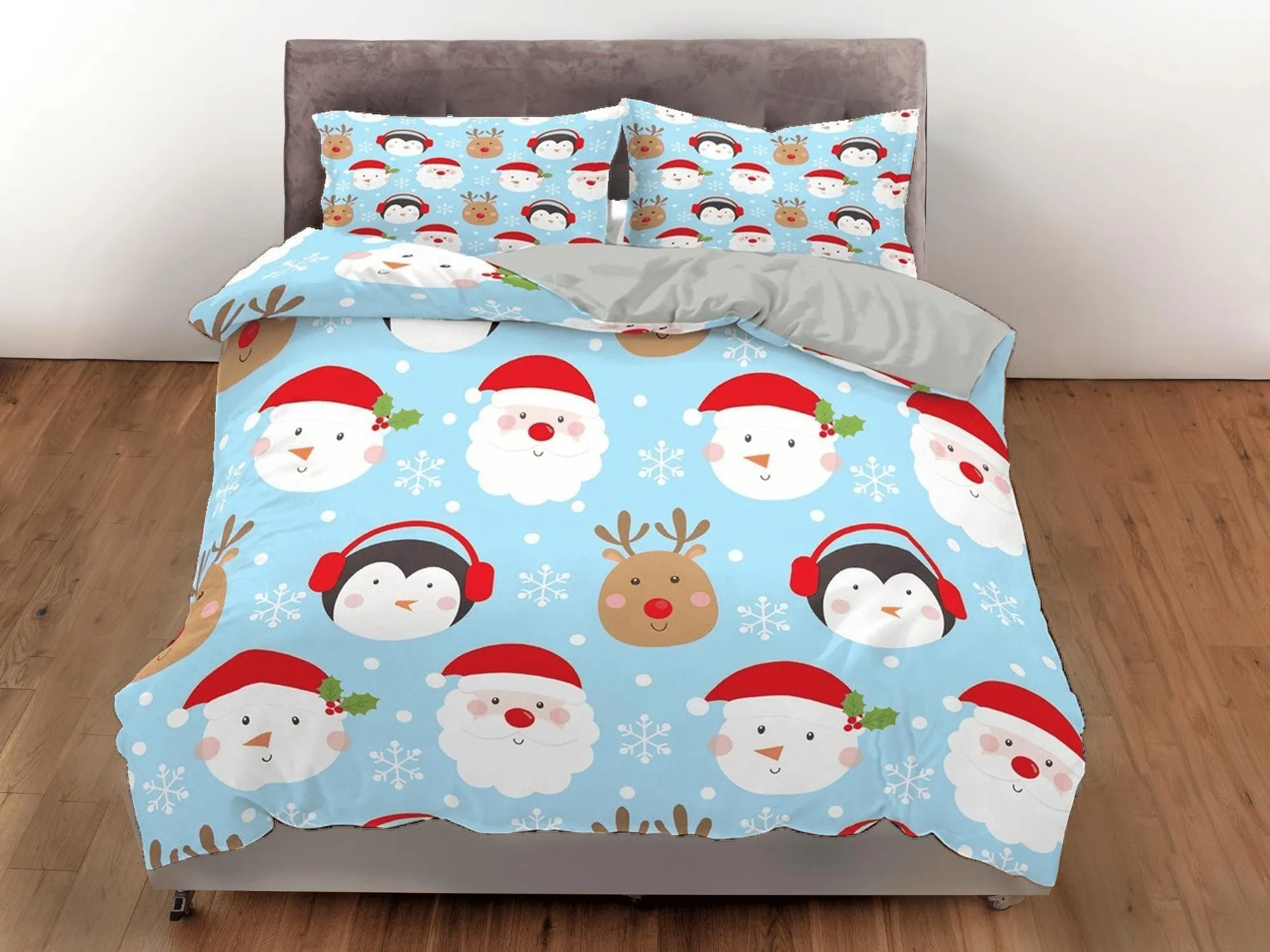 Penguin reindeer Santa Claus Christmas bedding, pillowcase holiday gift duvet cover king queen twin toddler bedding baby Christmas farmhouse