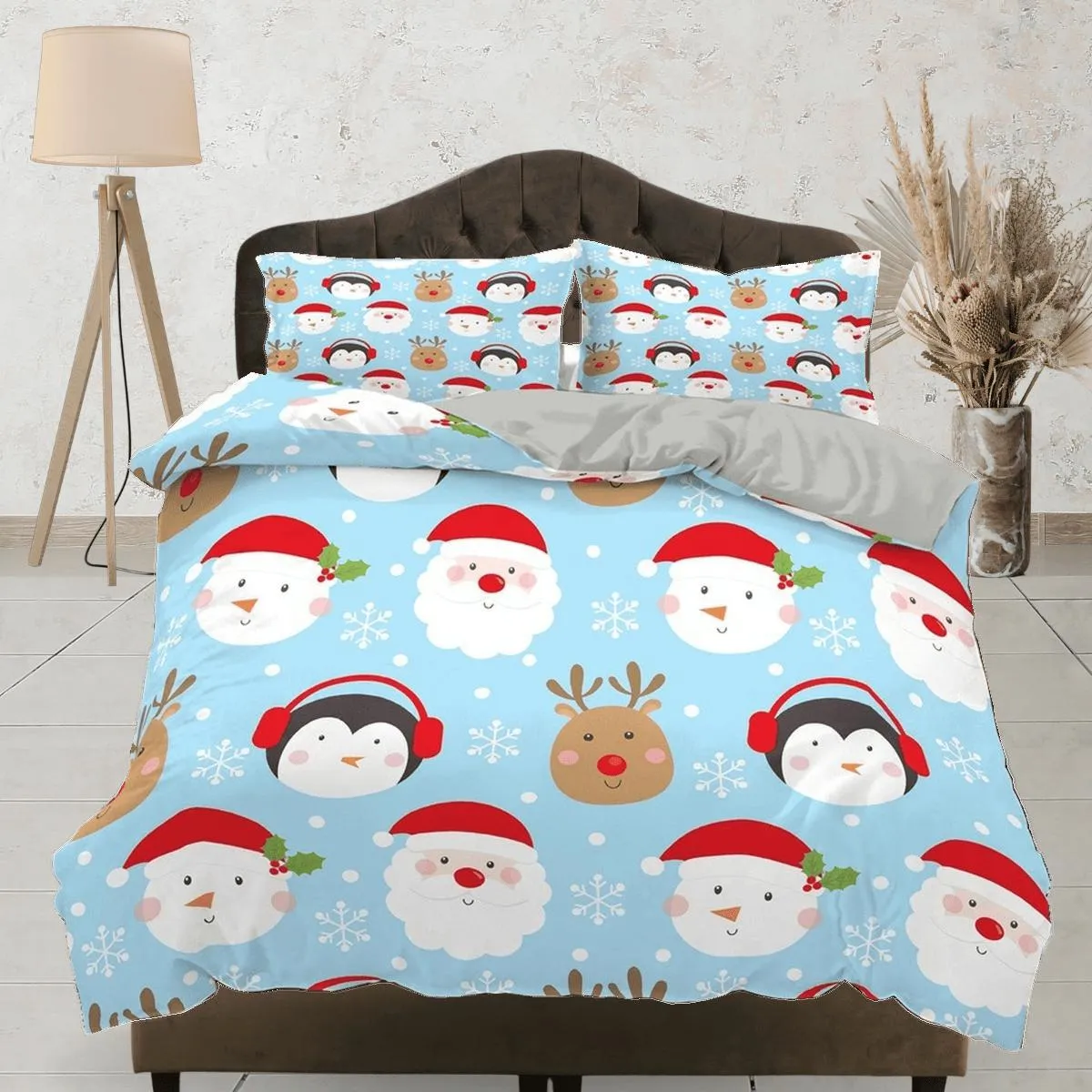 Penguin reindeer Santa Claus Christmas bedding, pillowcase holiday gift duvet cover king queen twin toddler bedding baby Christmas farmhouse