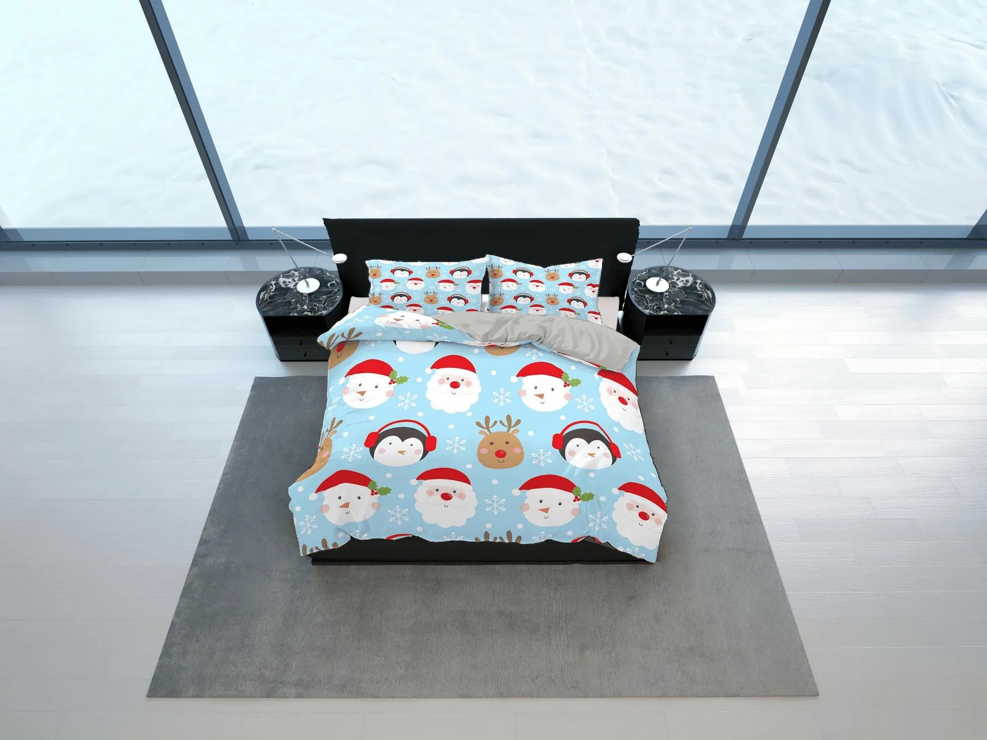 Penguin reindeer Santa Claus Christmas bedding, pillowcase holiday gift duvet cover king queen twin toddler bedding baby Christmas farmhouse