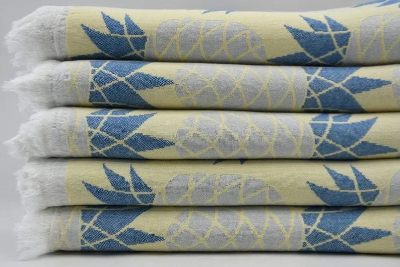 Pineapple Blue Yellow 100% Cotton Towel