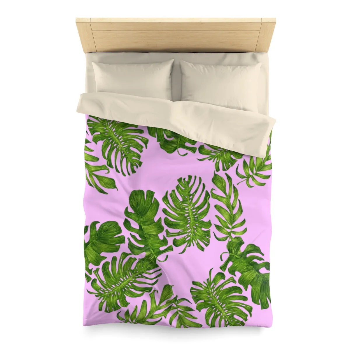 Pink Green Tropical Leaf Print Designer Microfiber Duvet Cover-Made in USA(Twin/ Queen)