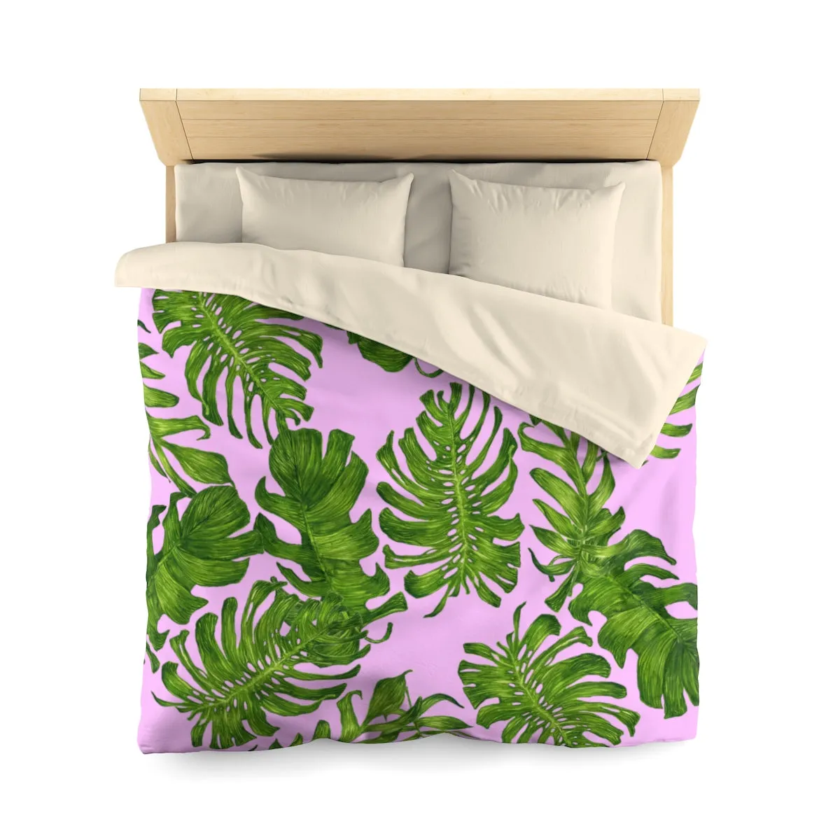 Pink Green Tropical Leaf Print Designer Microfiber Duvet Cover-Made in USA(Twin/ Queen)