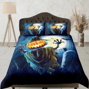 Pumpkin scarecrow halloween bedding & pillowcase, gothic duvet cover, dorm bedding, goth bedding halloween decor gift, toddler bedding blue