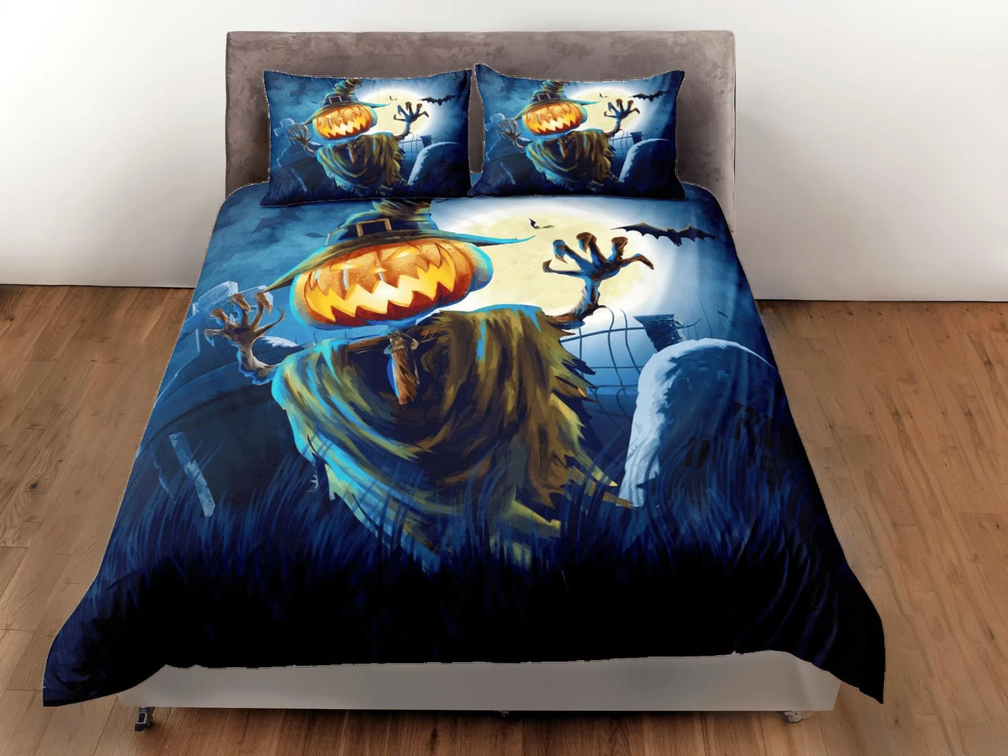 Pumpkin scarecrow halloween bedding & pillowcase, gothic duvet cover, dorm bedding, goth bedding halloween decor gift, toddler bedding blue