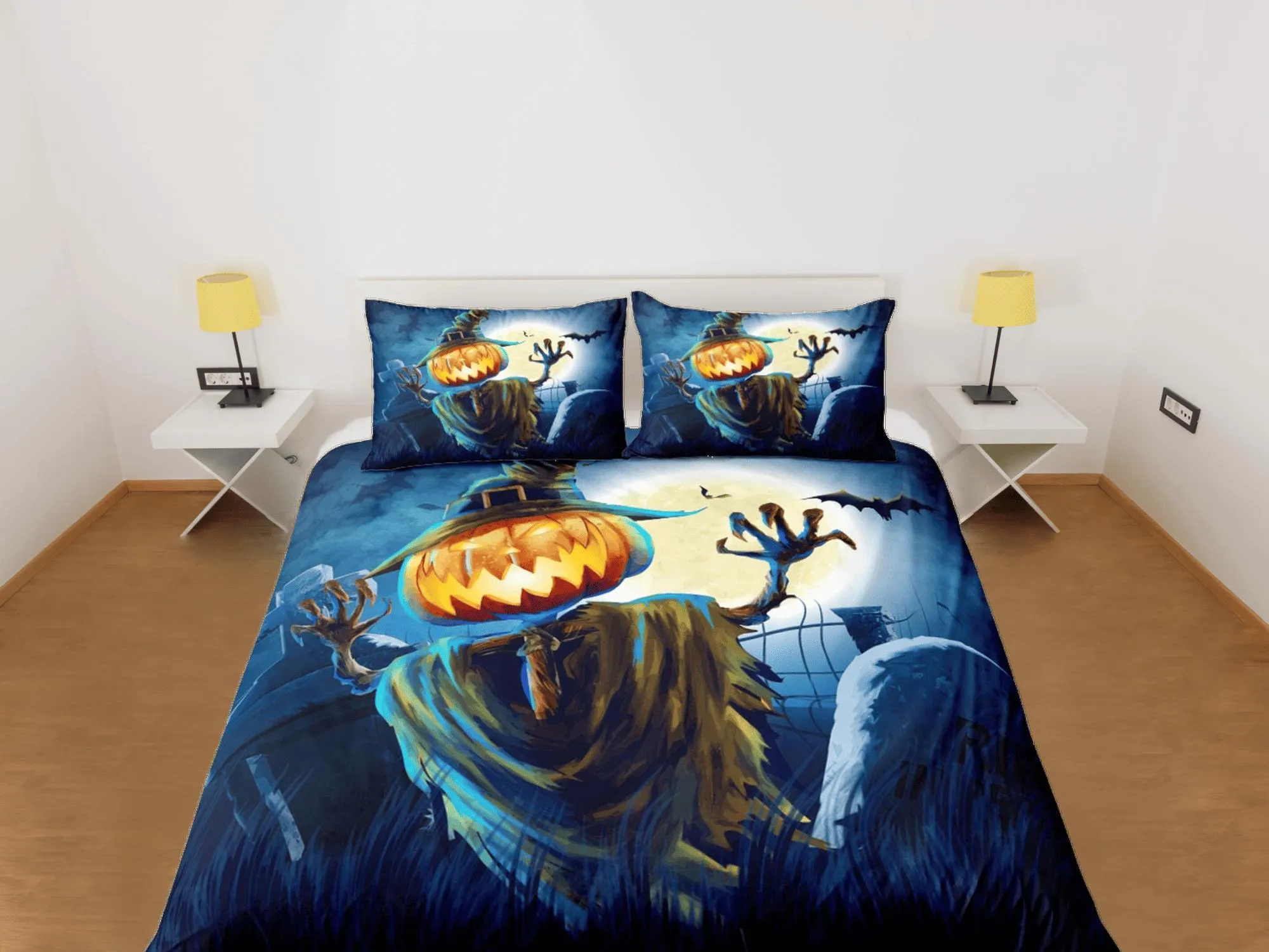 Pumpkin scarecrow halloween bedding & pillowcase, gothic duvet cover, dorm bedding, goth bedding halloween decor gift, toddler bedding blue