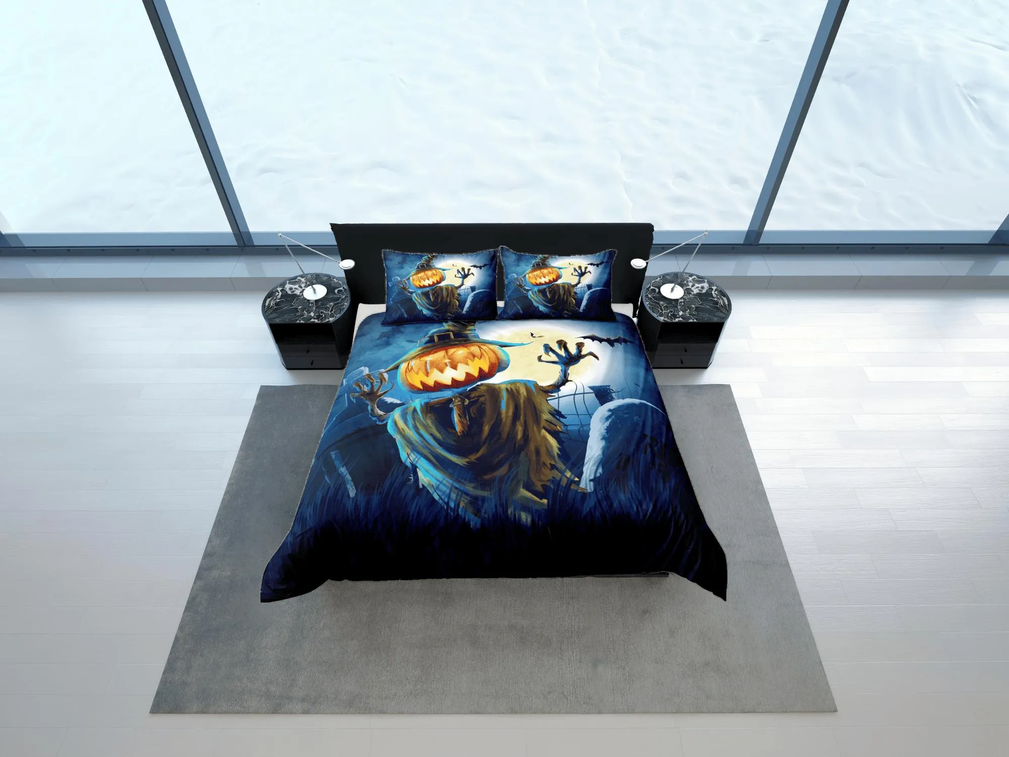 Pumpkin scarecrow halloween bedding & pillowcase, gothic duvet cover, dorm bedding, goth bedding halloween decor gift, toddler bedding blue