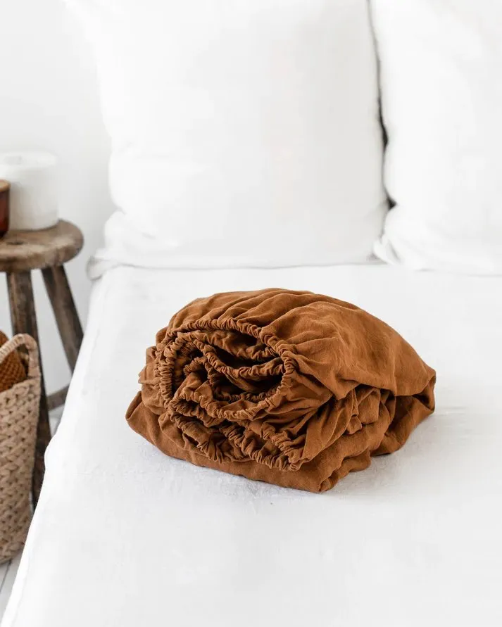 Pure Linen Fitted Sheet with Pillow Covers | 3 Pc Set |Cinnamon Brown