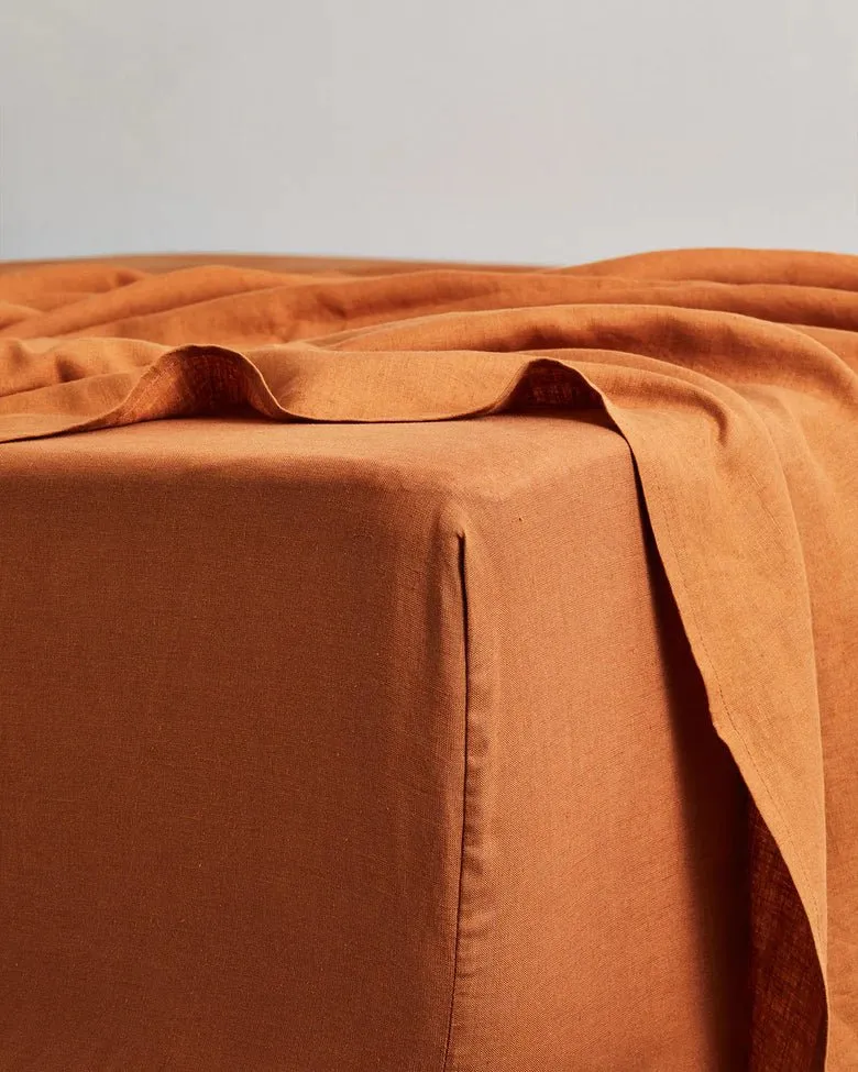 Pure Linen Fitted Sheet with Pillow Covers | 3 Pc Set |Cinnamon Brown