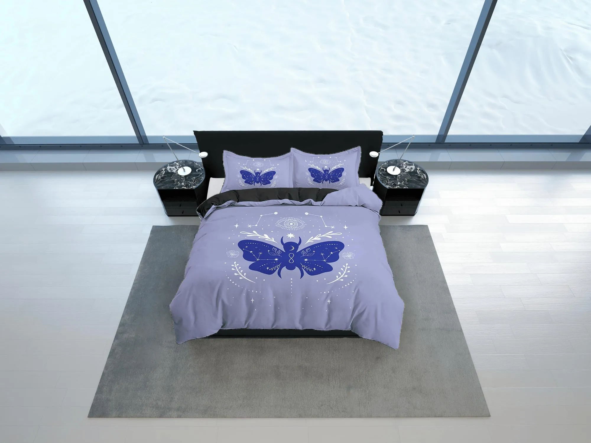 Purple Blue Boho Bedding with Moth and Stars, Celestial Dorm Bedding, Duvet Cover Set, Aesthetic Duvet Cover King Queen Full Twin Single