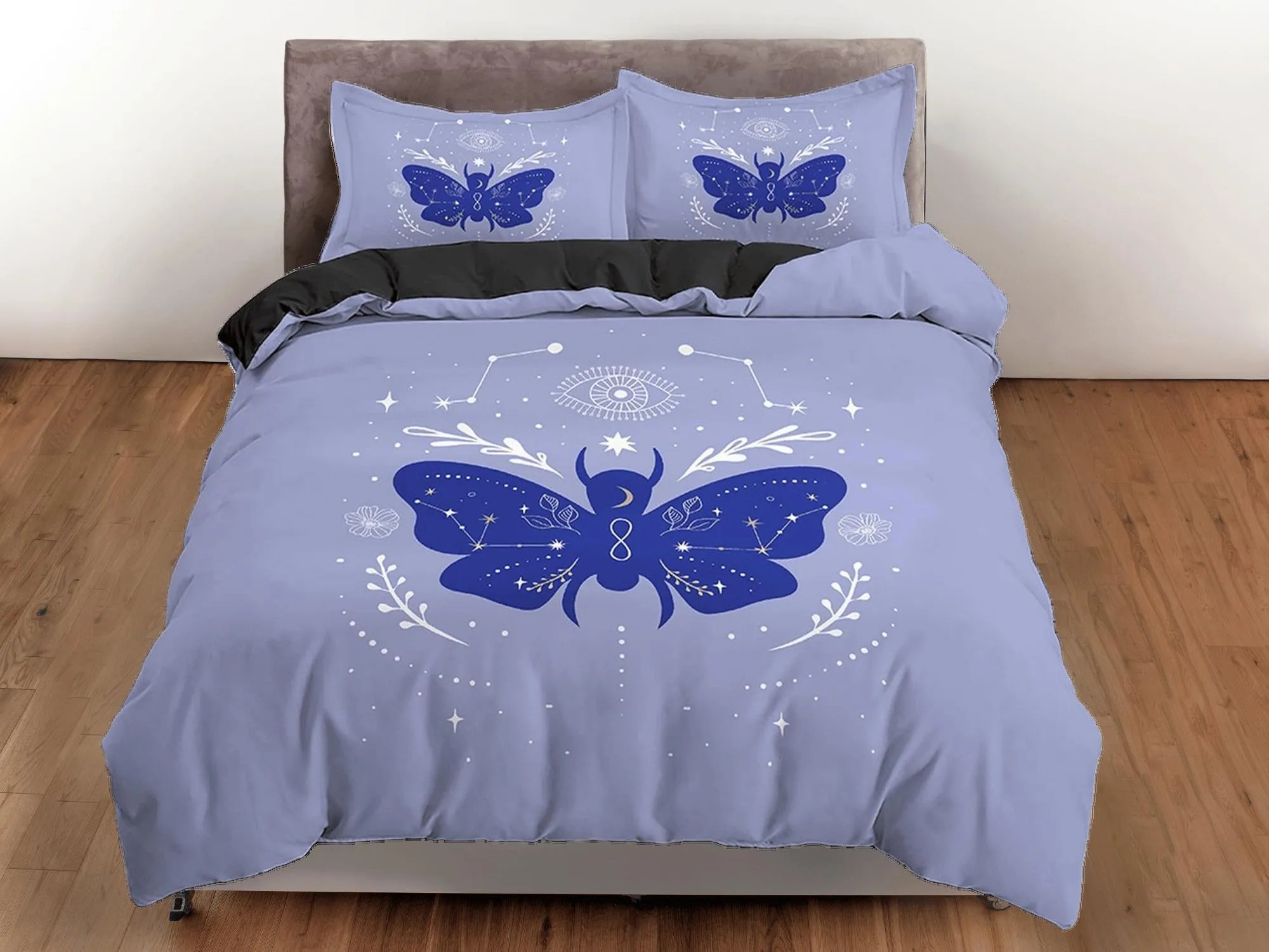 Purple Blue Boho Bedding with Moth and Stars, Celestial Dorm Bedding, Duvet Cover Set, Aesthetic Duvet Cover King Queen Full Twin Single