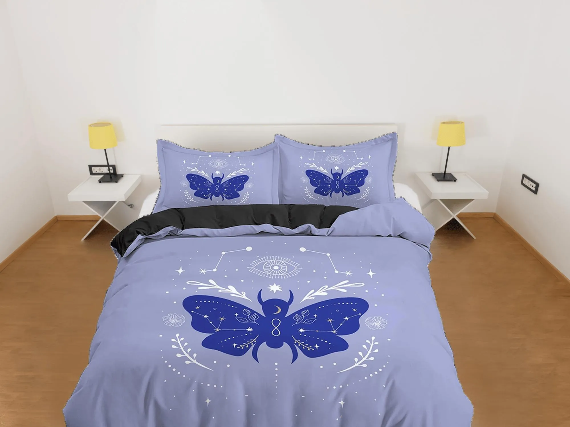 Purple Blue Boho Bedding with Moth and Stars, Celestial Dorm Bedding, Duvet Cover Set, Aesthetic Duvet Cover King Queen Full Twin Single