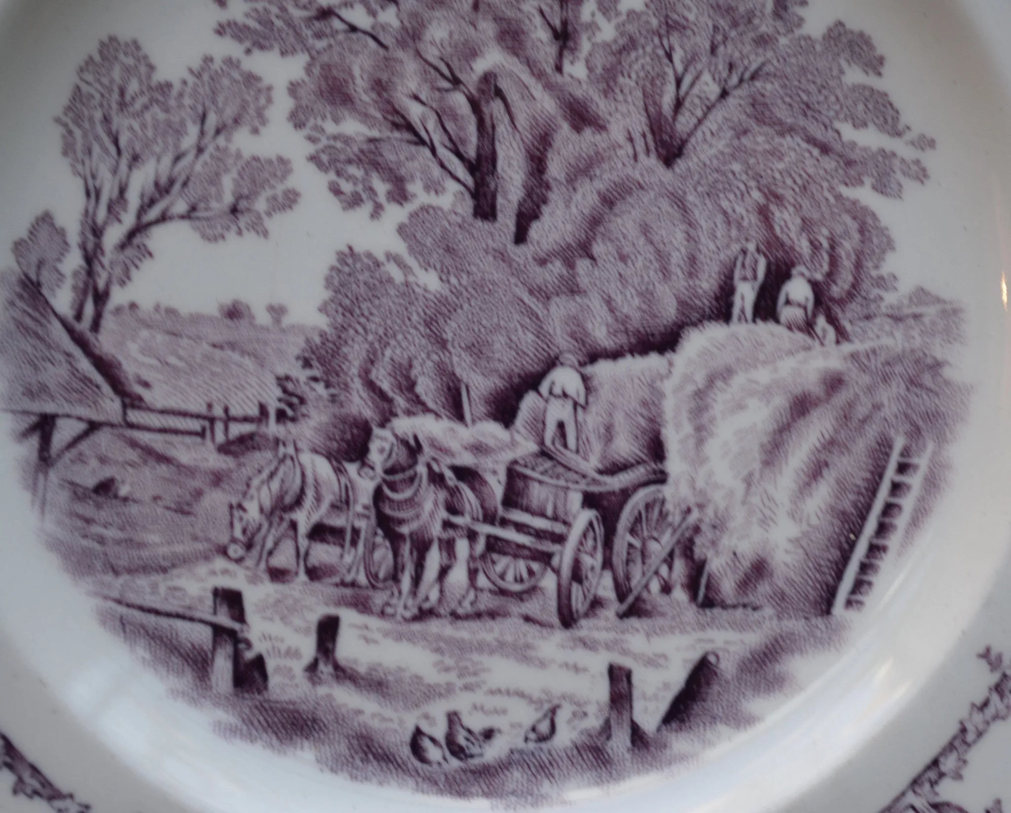 Purple Transferware Rural Scenes Plate Harvest Loading Hay Farm and Horse Scene