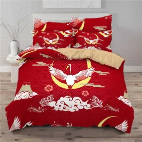 Red Duvet Cover Set Oriental Bird Asian Style Bedspread, Dorm Bedding & Pillowcase