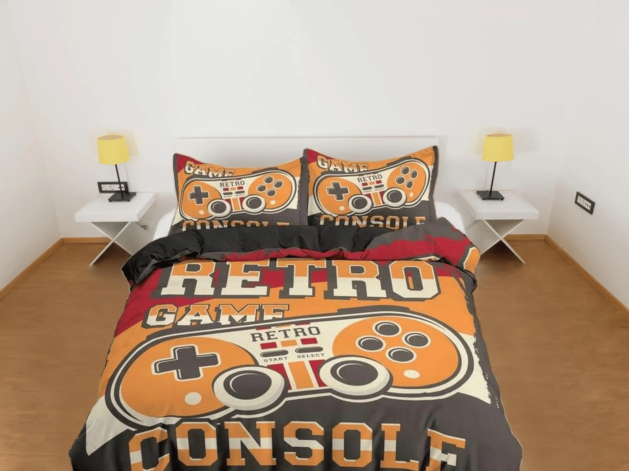 Retro game console gamer bedding duvet cover, video gamer boyfriend gift bedding set full king queen twin, boys bedroom, dorm bedding