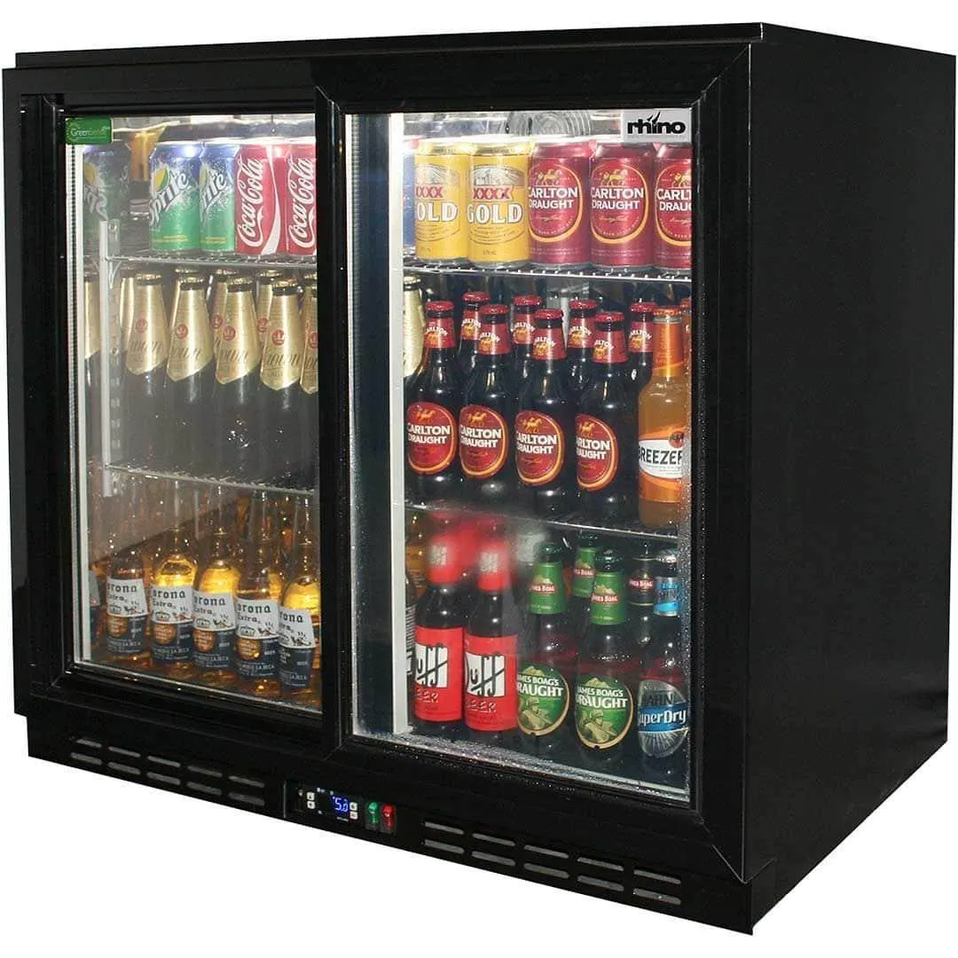 Rhino 208 Litre Black Glass Double Sliding Door Bar fridge - SG2S-B