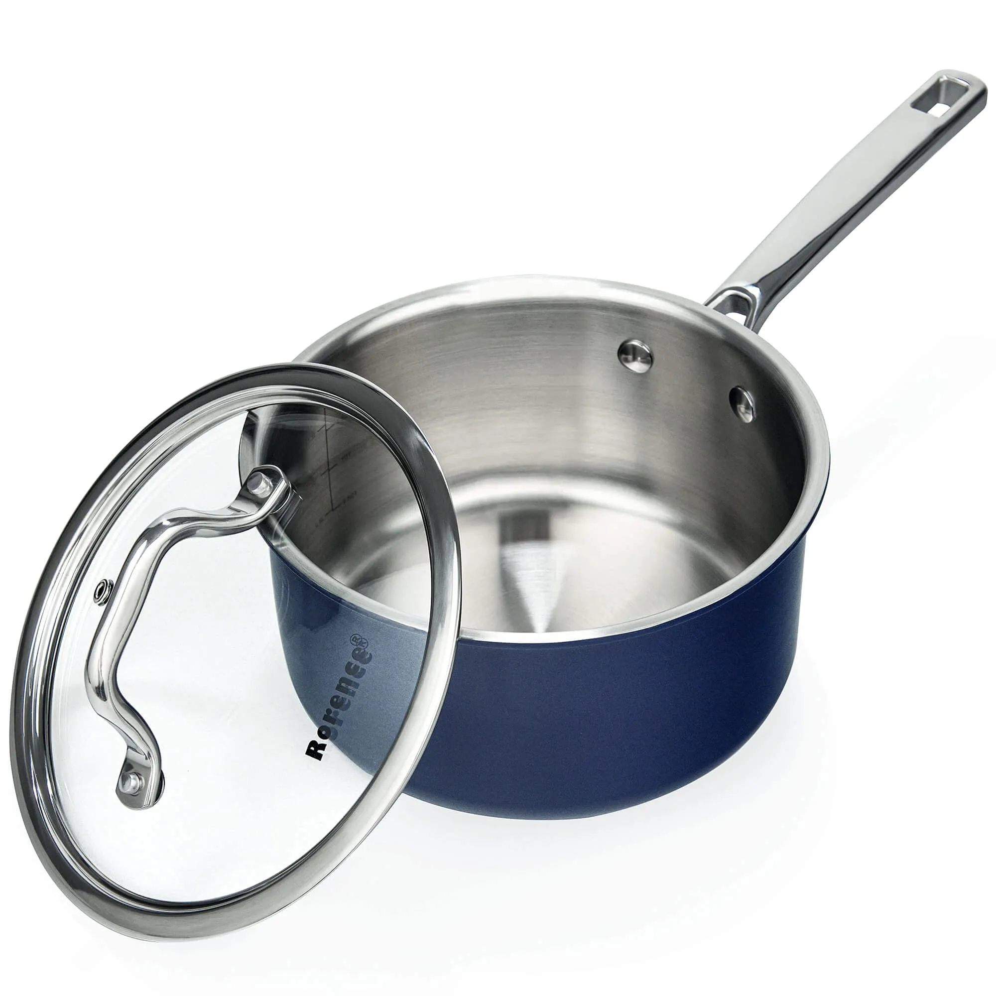 Rorence Stainless Steel Saucepan: 3-Ply Healthy Soup Pot with Glass Lid - Navy Blue - 2.5 Quart