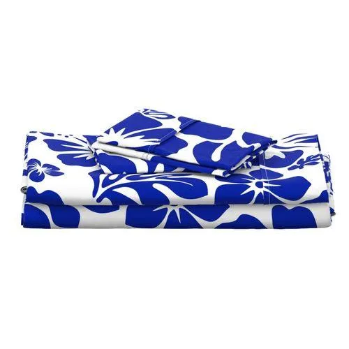 Royal Blue Hawaiian Flowers on White Sheet Set from Surfer Bedding™️ Medium Scale