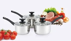 ROYAL CUISINE 3- Piece Set of Stainless-Steel Pans 16cm, 18cm & 20cm Draining Saucepan Set with Strainer Lids