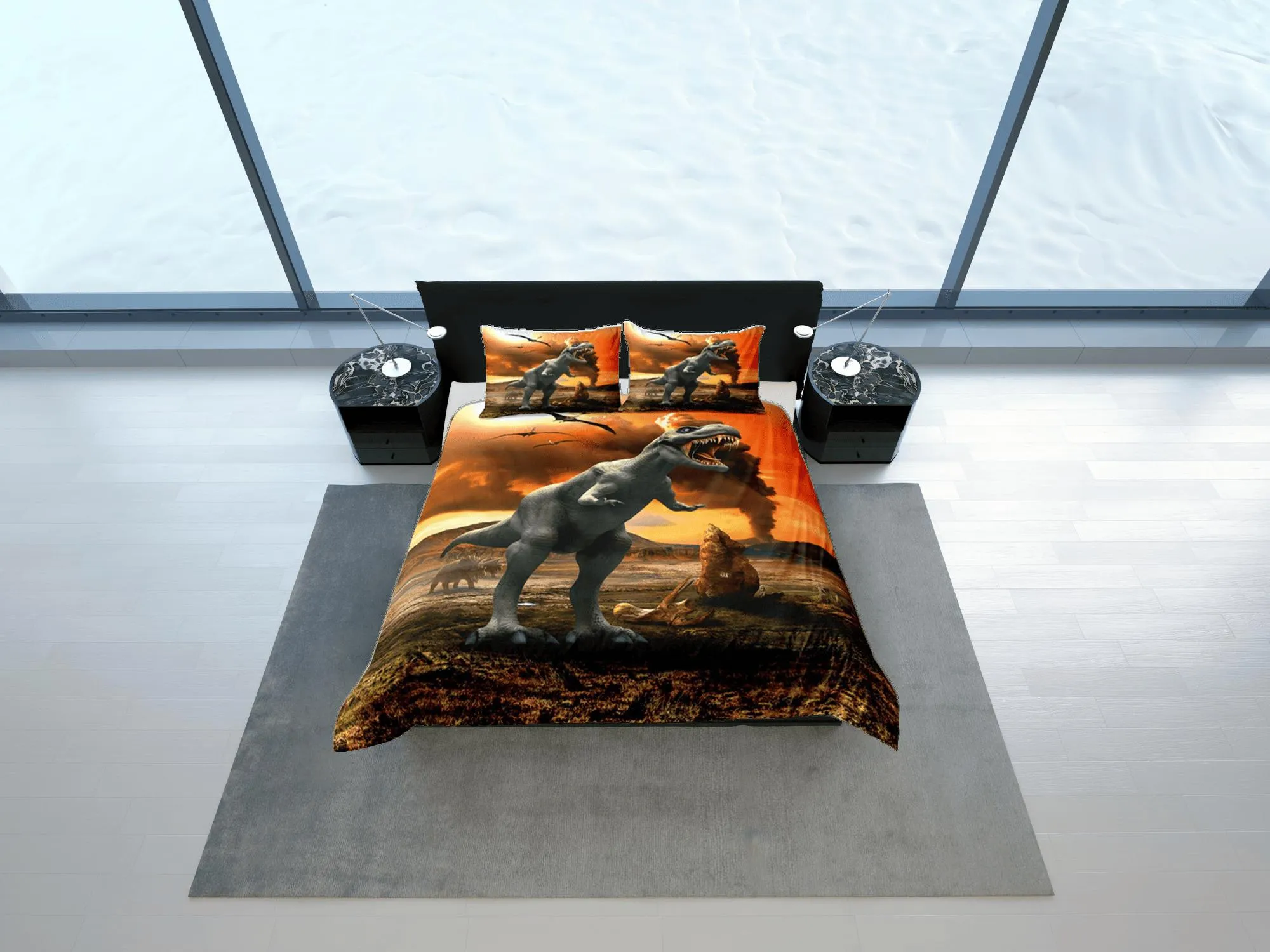 Sci-Fi Orange Duvet Cover Set Dinosaur Bedspread, Animal Dorm Bedding & Pillowcase