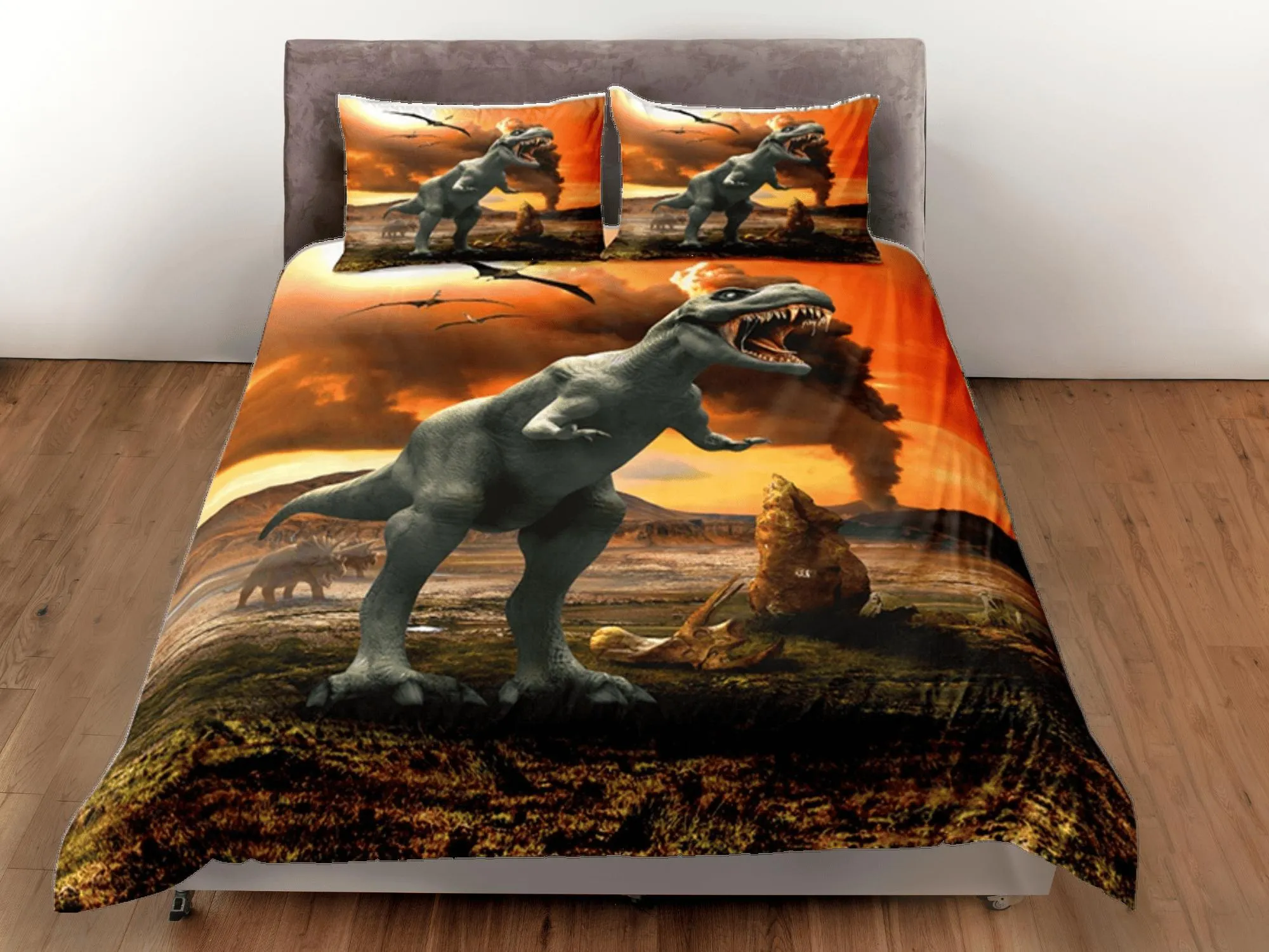 Sci-Fi Orange Duvet Cover Set Dinosaur Bedspread, Animal Dorm Bedding & Pillowcase