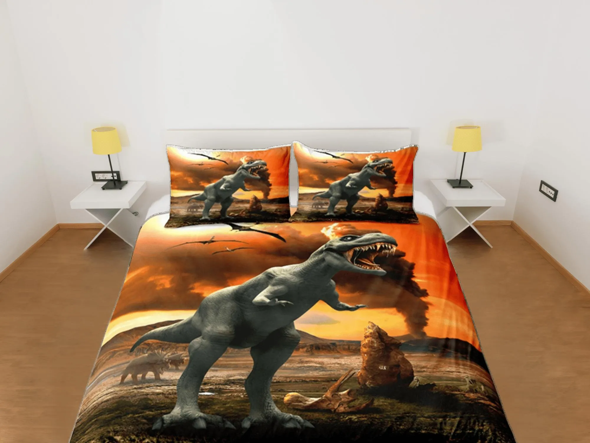 Sci-Fi Orange Duvet Cover Set Dinosaur Bedspread, Animal Dorm Bedding & Pillowcase