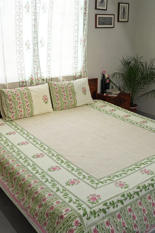 Serene Garden Hand Block Printed Cotton Percale Bedsheet