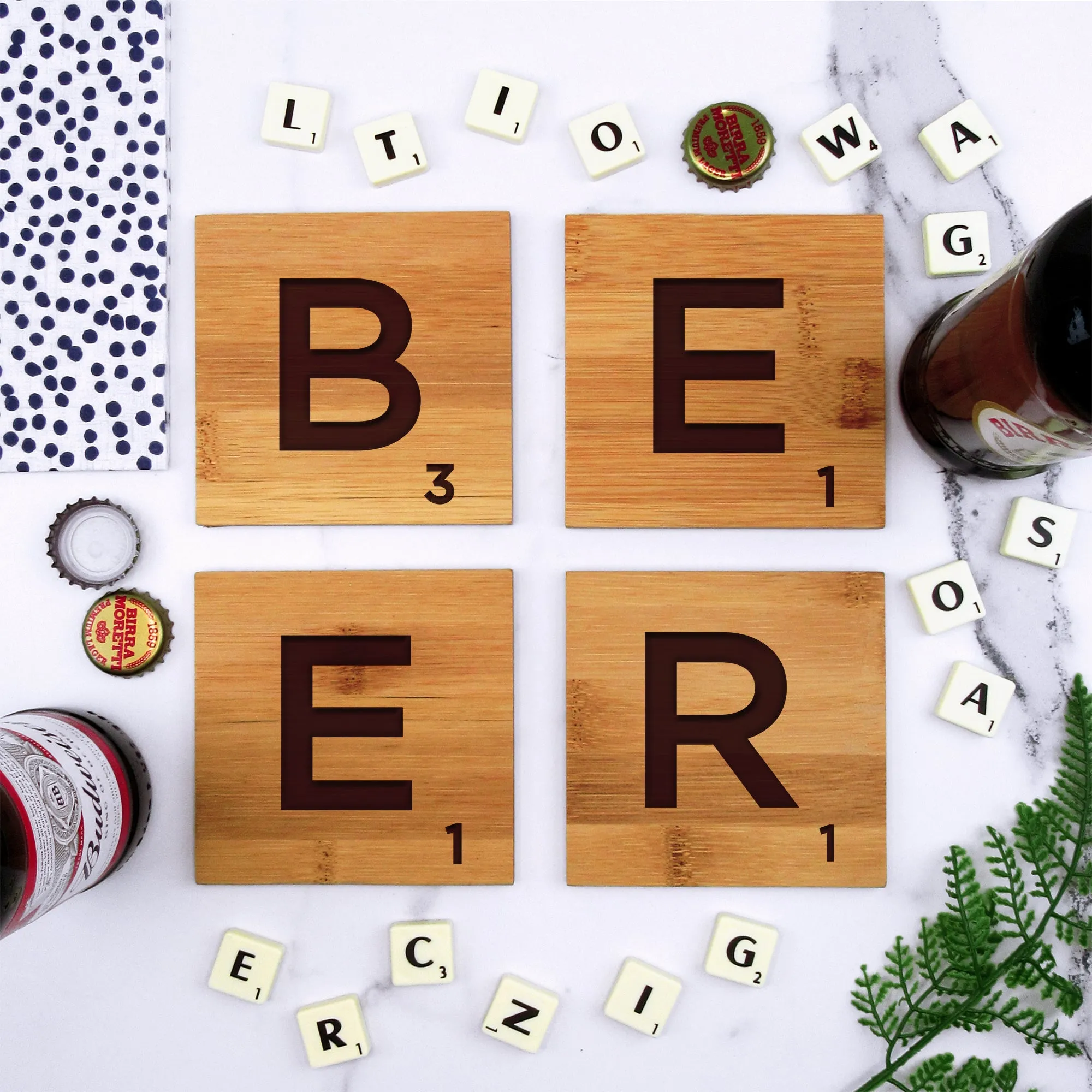 Set of 4 Bamboo "BEER" Scrabble Letter Tile Alphabet Drinks Coasters