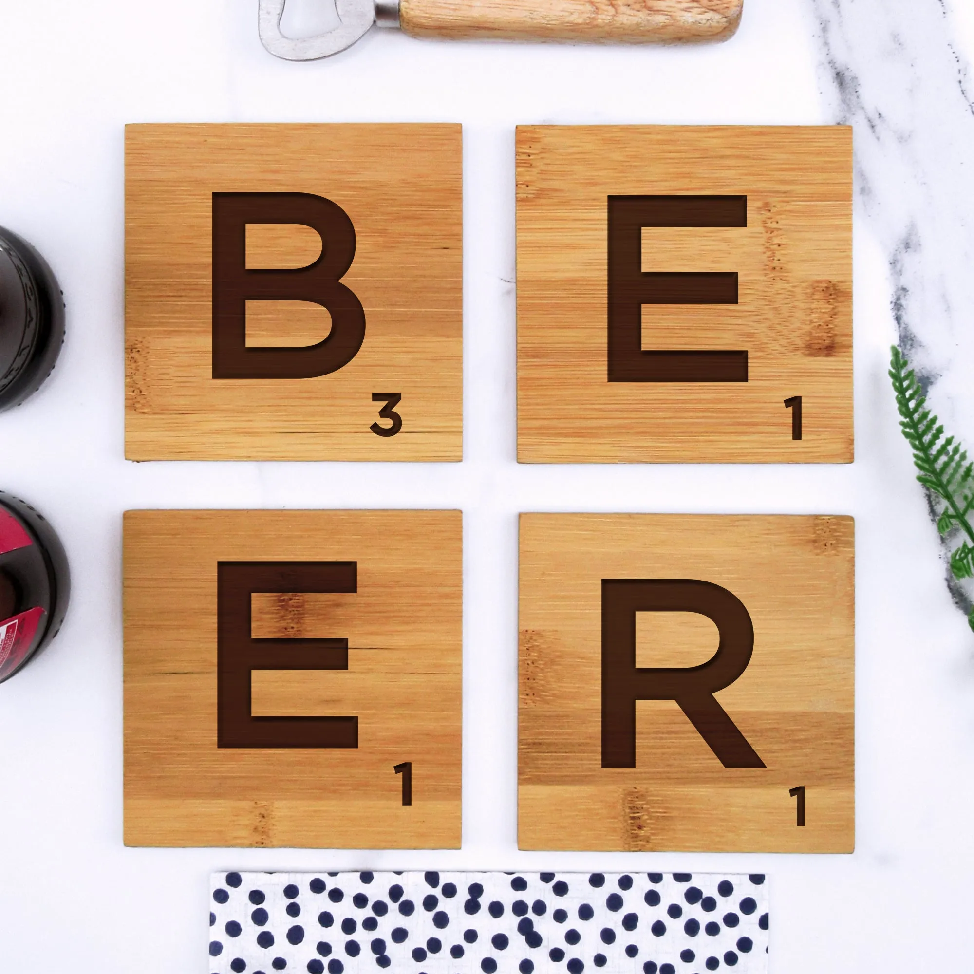 Set of 4 Bamboo "BEER" Scrabble Letter Tile Alphabet Drinks Coasters