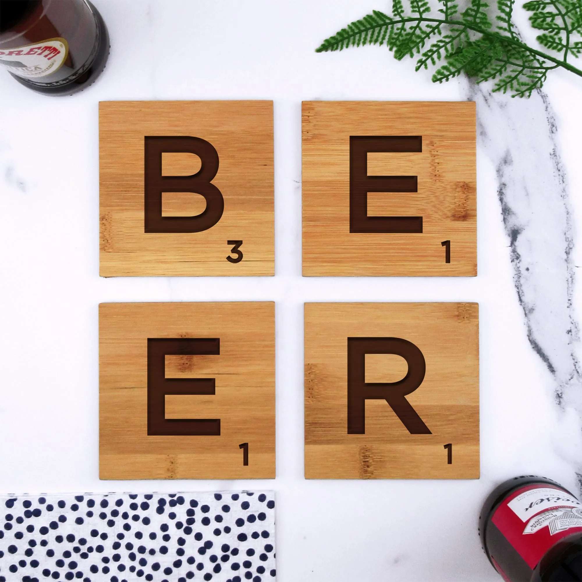 Set of 4 Bamboo "BEER" Scrabble Letter Tile Alphabet Drinks Coasters