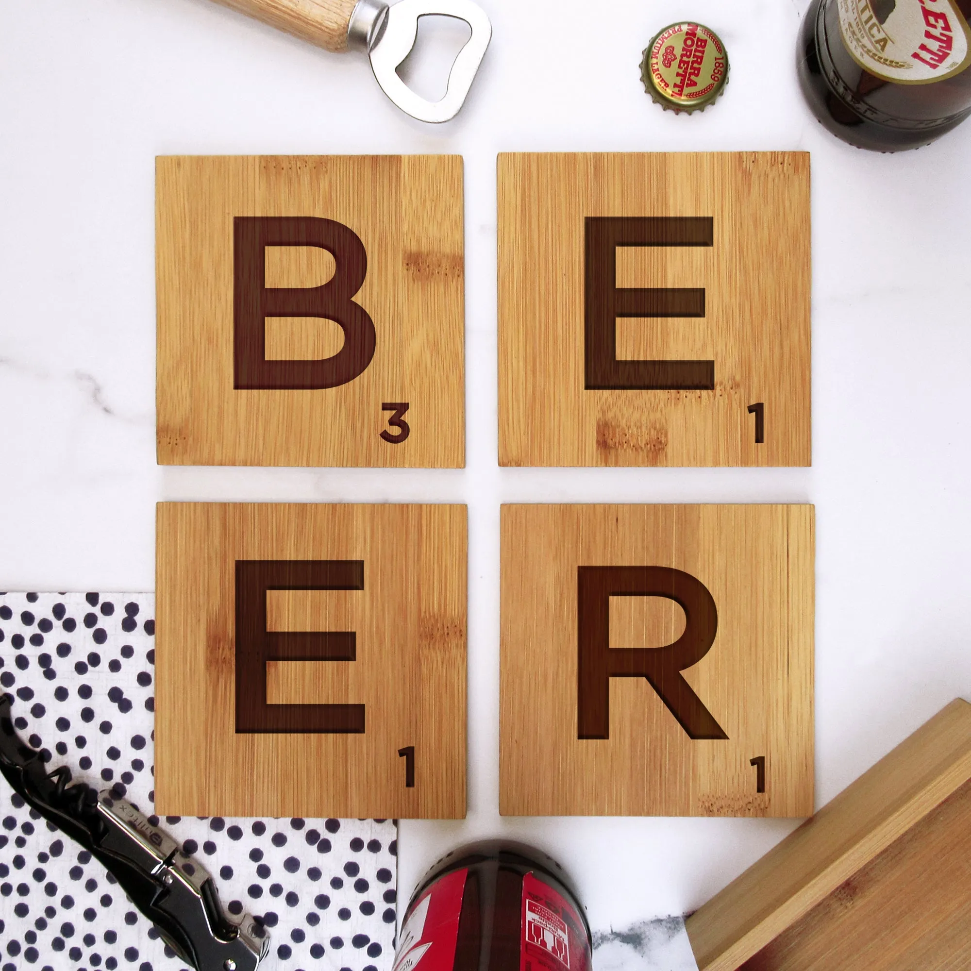 Set of 4 Bamboo "BEER" Scrabble Letter Tile Alphabet Drinks Coasters