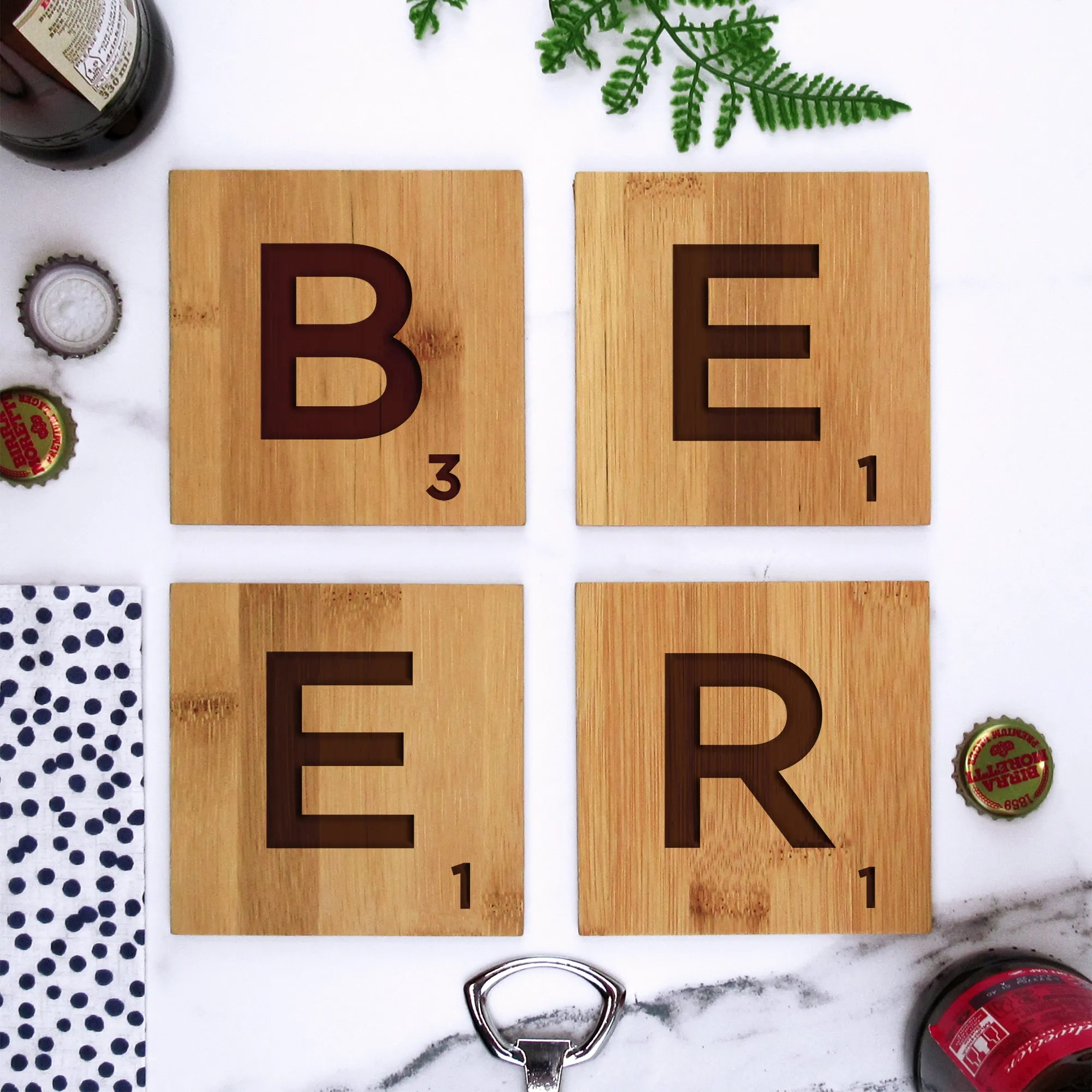 Set of 4 Bamboo "BEER" Scrabble Letter Tile Alphabet Drinks Coasters